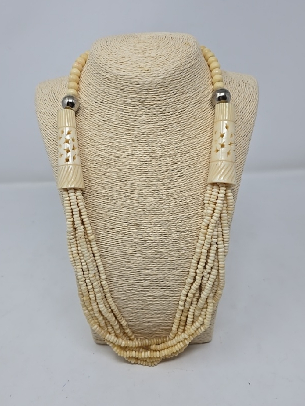Vtg carved cream bone necklace multi strand‎ chunky statement tribial folk Art